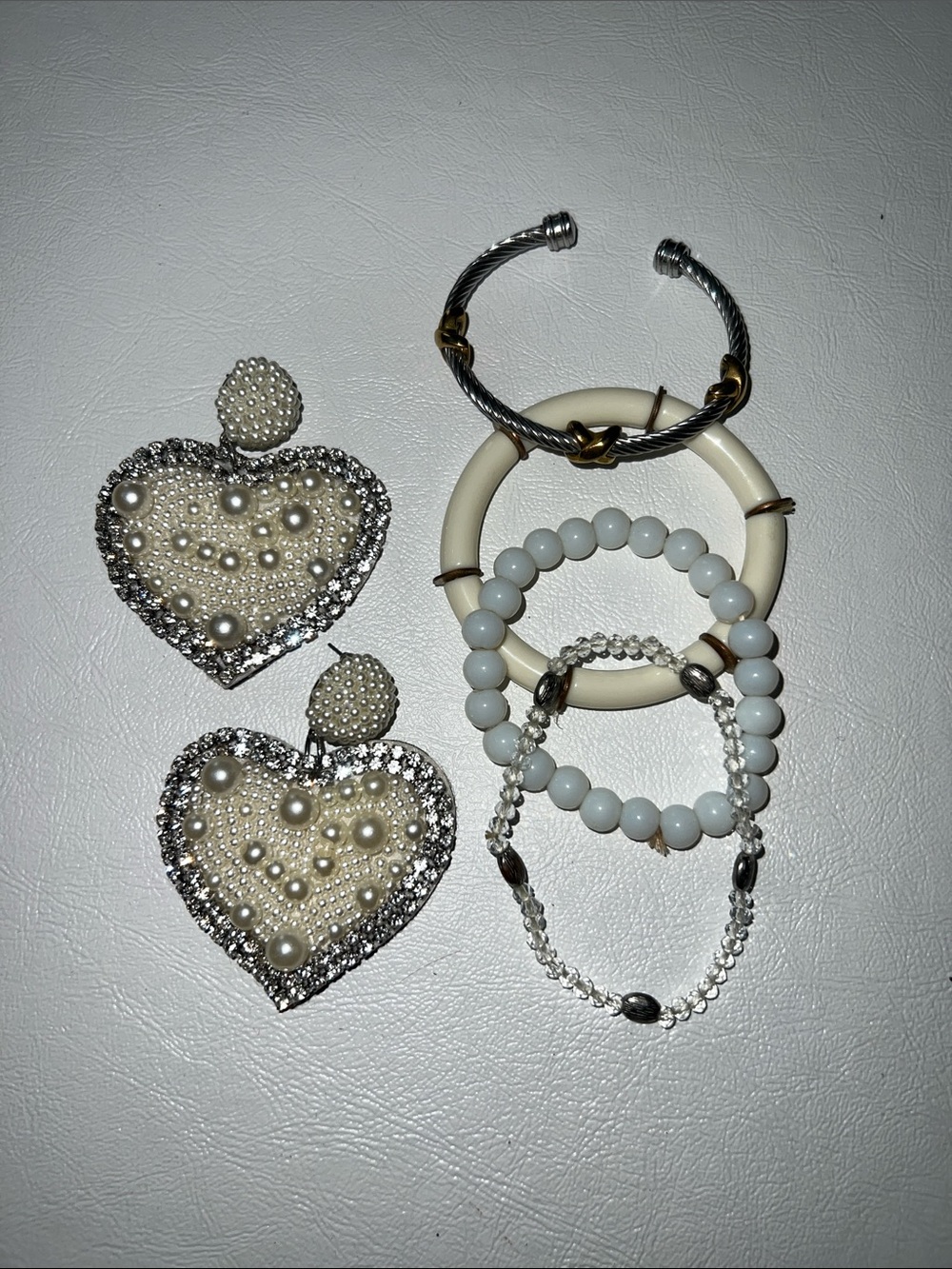 Pearl-Embellished Heart Earrings and White Bead Bracelet Set